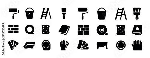 Painting and cleaning tools icons set: roller, bucket, ladder, sponge, brush