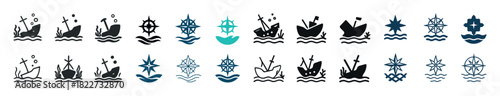 Collection of nautical icons featuring sharks, anchors, and ships on waves