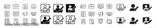 Business and communication icons set: profile, handshake, presentation