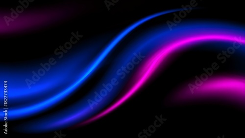 Neon blue and magenta glowing light waves on abstract fluid background