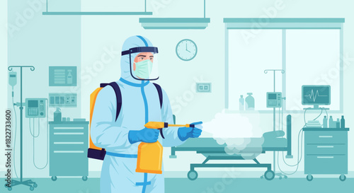 Medical professional in hazmat suit disinfecting hospital room.