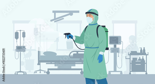 Medical professional in PPE suit disinfecting hospital room during pandemic.