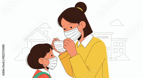 Mother helps her child wear a protective face mask before going out emphasizing safety and care.