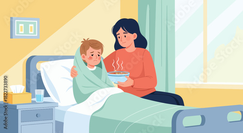 Mother caring for her sick child in a hospital bed offering warm soup.
