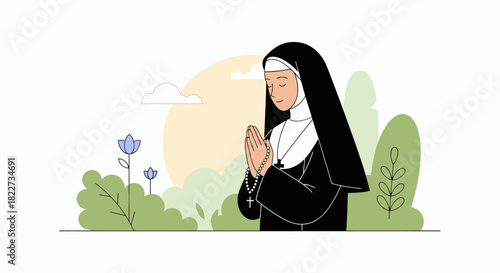 Nun praying outdoors in a serene natural setting with hands clasped in devotion.