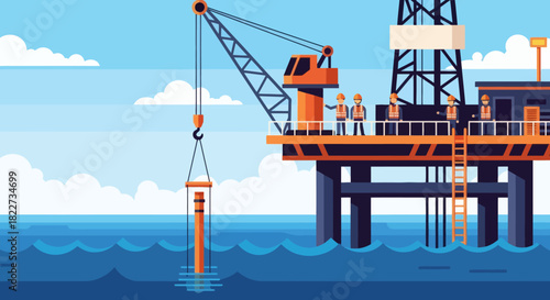 Offshore Oil Rig Drilling Platform in Ocean with Crane and Workers.