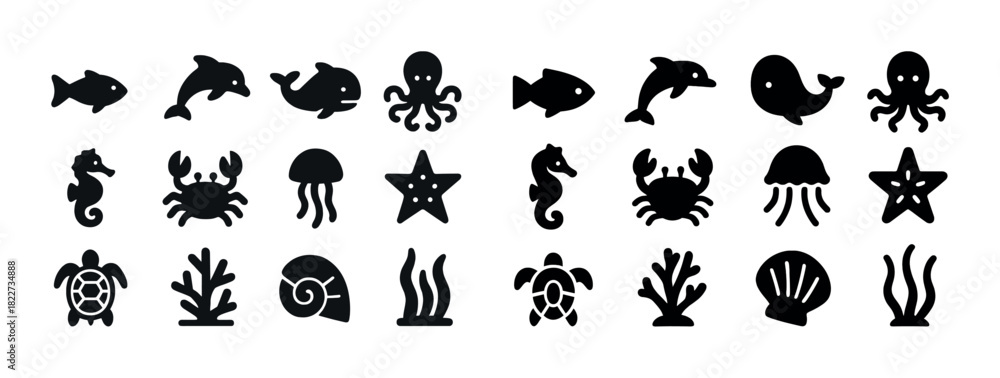 Naklejka premium Silhouette icons of marine life: fish, dolphin, whale, octopus, seahorse, crab, turtle, starfish, shell