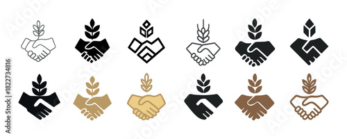 Diverse handshake icons with wheat symbols in black, gold, brown variations