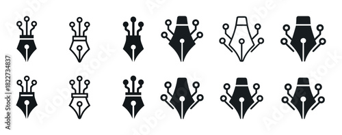 Set of twelve stylized pen nib icons combined with circuit elements in black and white