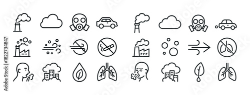 Air pollution icons: smoke, mask, factory, car, lung health, environment