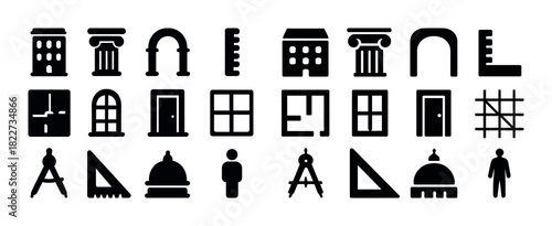Architectural symbols: door, window, column, ruler, people icons in black set