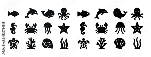 Silhouette icons of marine life: fish, dolphin, whale, octopus, seahorse, crab, turtle, starfish, shell