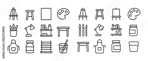 Art studio essentials: icon set including easel, paint brushes, palette, and more