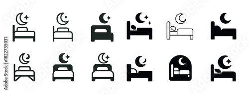 Set of bed and moon icons in various styles