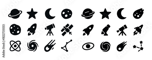 Set of astronomy icons: planets, stars, telescopes, rockets, and constellations