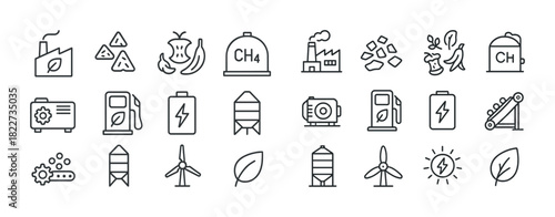 Energy and environment line icons: factories, batteries, recycling symbols, renewable sources