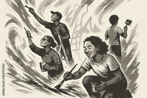 Grayscale illustration of four individuals painting a mural together, highlighting creativity and community engagement.