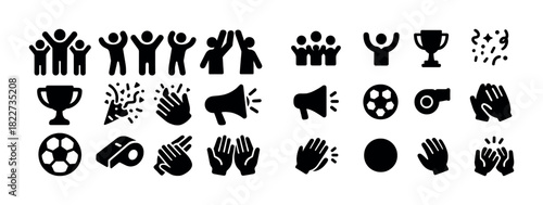 Celebration and sports icons: trophies, applause, megaphones, and team unity