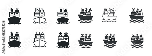 Set of shipping icons with containers and parrots on boats
