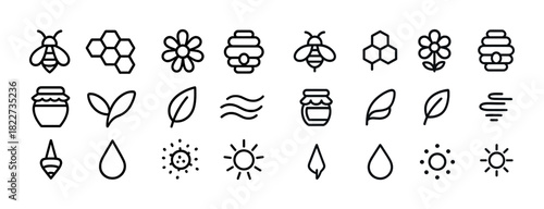 Bee and nature icons set featuring honeycombs, flowers, and leaves