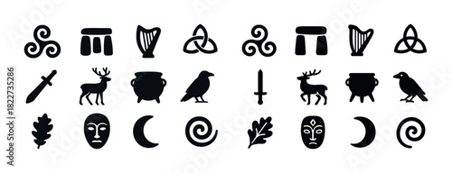 Set of celtic symbols: patterns, animals, and mythical signs collection