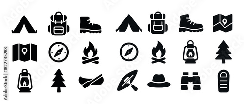 Camping and outdoors icons: tents, backpacks, boots, maps, compass, lantern, fire