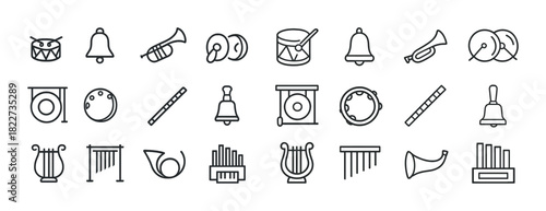 Collection of musical instrument icons including drums, bells, horns, and lyres in line art style