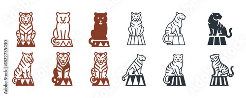 Collection of stylized tiger and panther icons in various poses on platforms