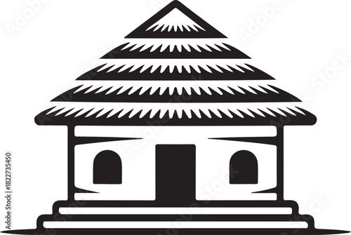 Black and white graphic icon of a traditional hut with a tiered thatched roof and arched doorways