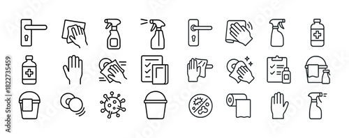Cleaning and sanitizing icons set: hands, spray bottles, and cleaning supplies