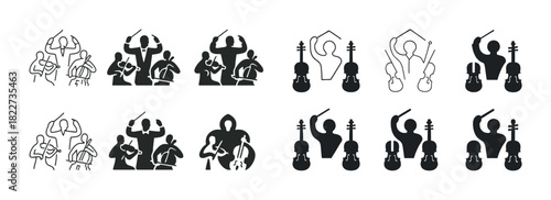 Orchestra symbols with conductors and string instruments