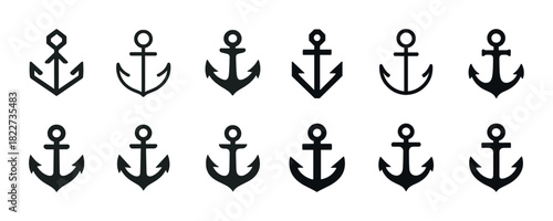 Collection of twelve black anchor icons on white background