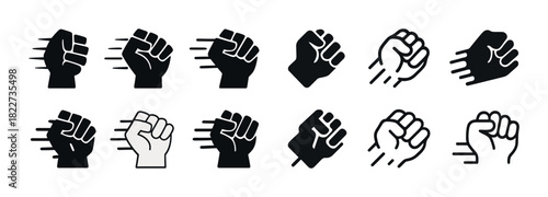 Dynamic fist icons: diverse styles and motion effects in black and white