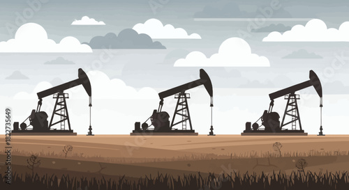 Oil Pumps Extracting Crude Oil from the Ground in a Rural Landscape.