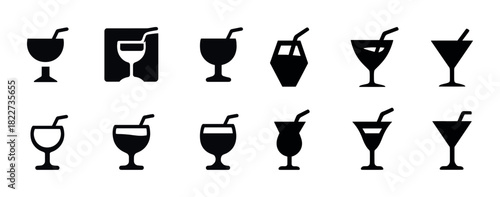 Set of various cocktail glass silhouettes with straws