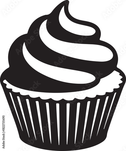 Black and white graphic illustration of a cupcake with swirled frosting and fluted paper liner