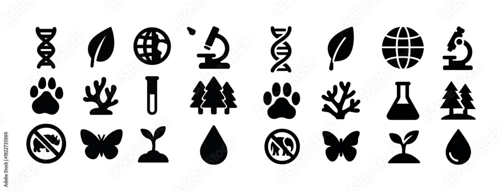 Obraz premium Nature and science icons: dna, microscope, leaf, tree, globe, paw, coral, no, butterfly, seedling