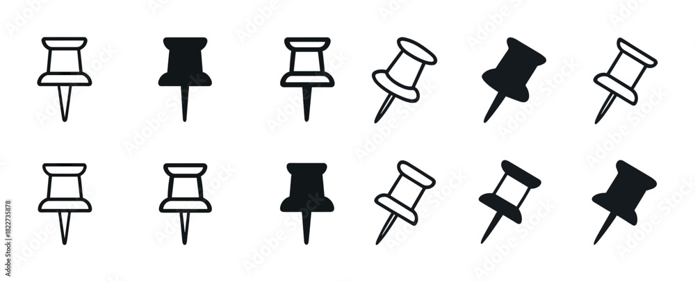 Fototapeta premium Vector set of black and white pushpin icons in various styles and designs