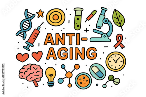 Anti-Aging Doodle. Anti-aging science. Hand-drawn doodle illustration of anti-aging science. DNA strand, cell,