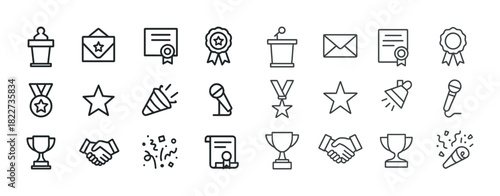 Award and celebration icon set featuring trophies, medals, and certificates