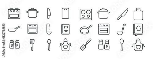 Minimalist kitchen utensils and appliances icons - cooking tools and equipment