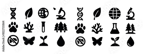 Nature and science icons: dna, microscope, leaf, tree, globe, paw, coral, no, butterfly, seedling