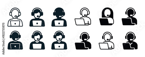 Call center worker icons set with headsets and laptops