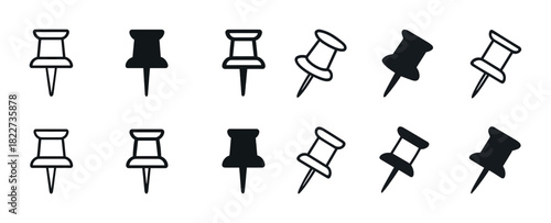 Vector set of black and white pushpin icons in various styles and designs