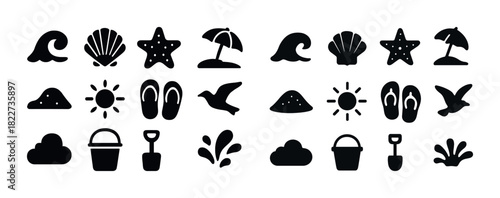 Beach icons set: waves, shells, starfish, umbrella, sun, sandals, bird, bucket, spade