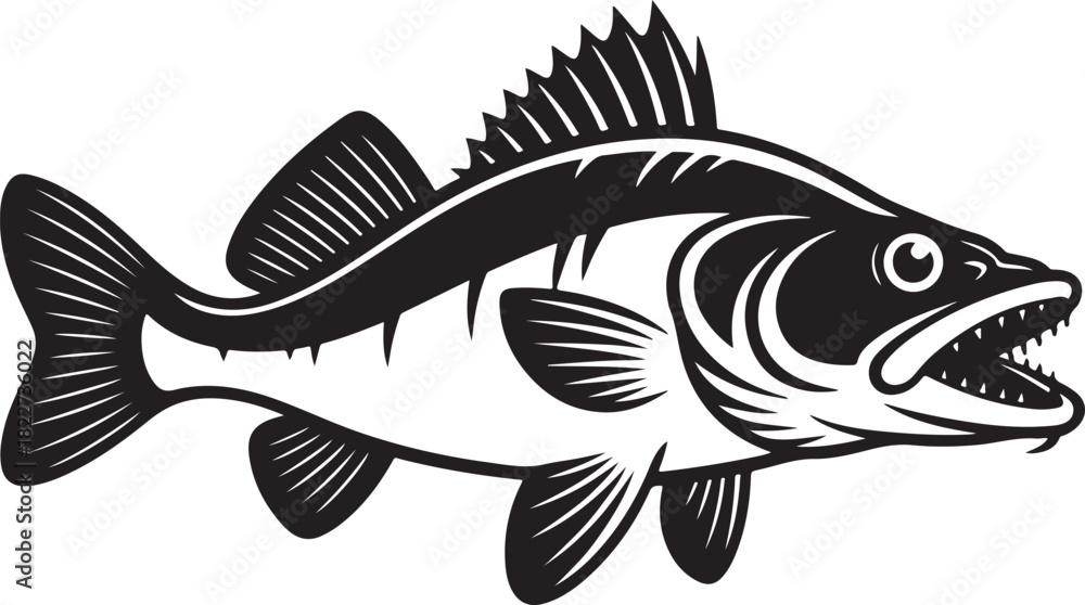 Fototapeta premium Black and white graphic illustration of a predatory fish with sharp teeth open mouth vector