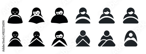 Set of diverse sleeping person icons in simple black and white design