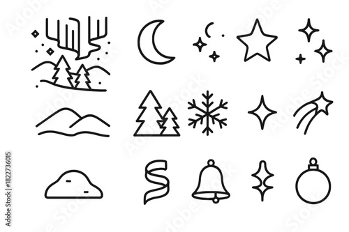Aurora Icon Set. Aurora Borealis Scene. Line outline icon set of Aurora Borealis Scene: northern lights,