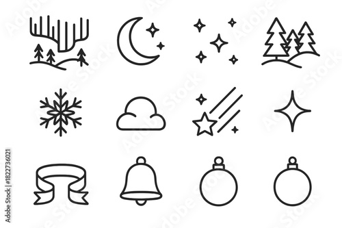 Aurora Icon Set. Aurora Borealis Scene. Line outline icon set of Aurora Borealis Scene: northern lights,