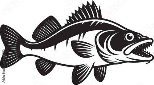 Black and white graphic illustration of a predatory fish with sharp teeth open mouth vector